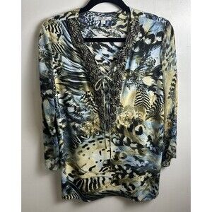 ALBERTO MAKALI Blue Green Floral Print Beaded Lace Up V-Neck Size L Sheer Sleeve